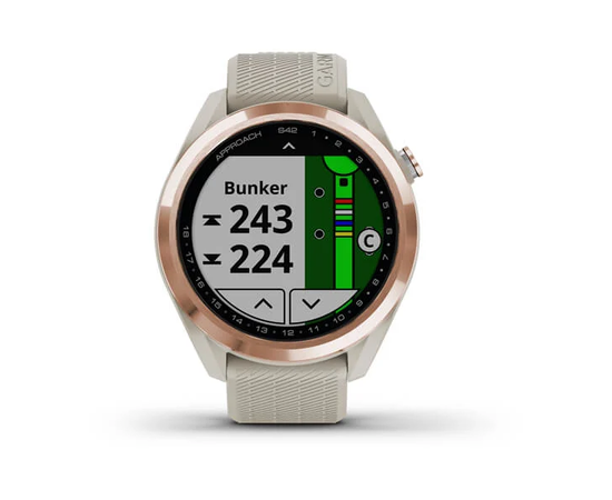 GARMIN APPROACH S42 RAUSVOJO AUKSO SPALVOS SU šVIESIAI SMėLINIU DIRžELIU, 010-02572-02