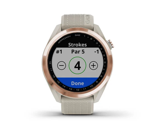GARMIN APPROACH S42 RAUSVOJO AUKSO SPALVOS SU šVIESIAI SMėLINIU DIRžELIU, 010-02572-02