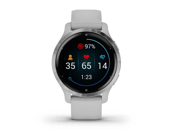 GARMIN VENU 2S SIDABRO SPALVOS NERūDIJANčIOJO PLIENO APVADAS, SU „MIST GREY“ PILKU KORPUSU IR SILIKONINIU DIRžELIU, 010-02429-12