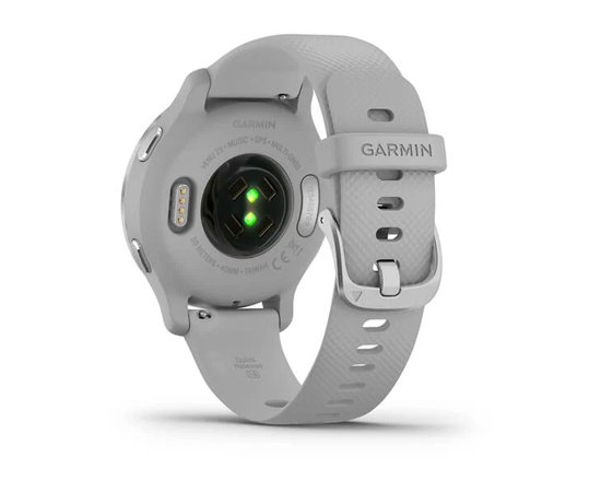 GARMIN VENU 2S SIDABRO SPALVOS NERūDIJANčIOJO PLIENO APVADAS, SU „MIST GREY“ PILKU KORPUSU IR SILIKONINIU DIRžELIU, 010-02429-12
