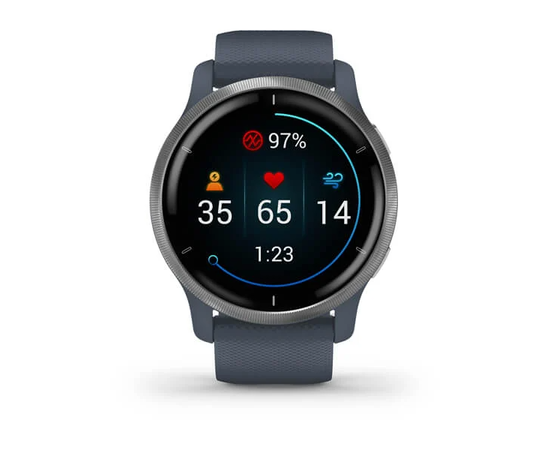 GARMIN VENU 2 SIDABRO SPALVOS NERūDIJANčIOJO PLIENO APVADAS, SU „GRANITE BLUE“ MėLYNU KORPUSU IR SILIKONINIU DIRžELIU, 010-02430-10