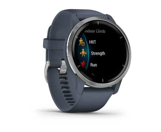 GARMIN VENU 2 SIDABRO SPALVOS NERūDIJANčIOJO PLIENO APVADAS, SU „GRANITE BLUE“ MėLYNU KORPUSU IR SILIKONINIU DIRžELIU, 010-02430-10