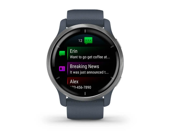 GARMIN VENU 2 SIDABRO SPALVOS NERūDIJANčIOJO PLIENO APVADAS, SU „GRANITE BLUE“ MėLYNU KORPUSU IR SILIKONINIU DIRžELIU, 010-02430-10