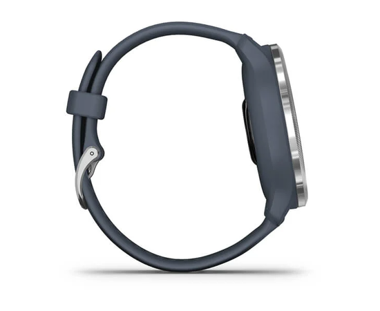 GARMIN VENU 2 SIDABRO SPALVOS NERūDIJANčIOJO PLIENO APVADAS, SU „GRANITE BLUE“ MėLYNU KORPUSU IR SILIKONINIU DIRžELIU, 010-02430-10