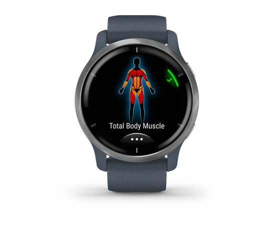 GARMIN VENU 2 SIDABRO SPALVOS NERūDIJANčIOJO PLIENO APVADAS, SU „GRANITE BLUE“ MėLYNU KORPUSU IR SILIKONINIU DIRžELIU, 010-02430-10