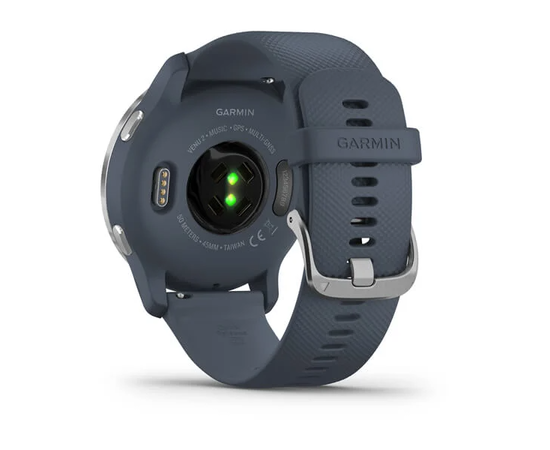 GARMIN VENU 2 SIDABRO SPALVOS NERūDIJANčIOJO PLIENO APVADAS, SU „GRANITE BLUE“ MėLYNU KORPUSU IR SILIKONINIU DIRžELIU, 010-02430-10