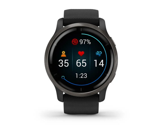 GARMIN VENU 2 SKALūNO SPALVOS NERūDIJANčIOJO PLIENO APVADAS, SU JUODU KORPUSU IR SILIKONINIU DIRžELIU, 010-02430-11
