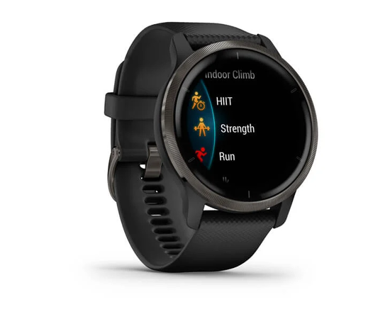 GARMIN VENU 2 SKALūNO SPALVOS NERūDIJANčIOJO PLIENO APVADAS, SU JUODU KORPUSU IR SILIKONINIU DIRžELIU, 010-02430-11
