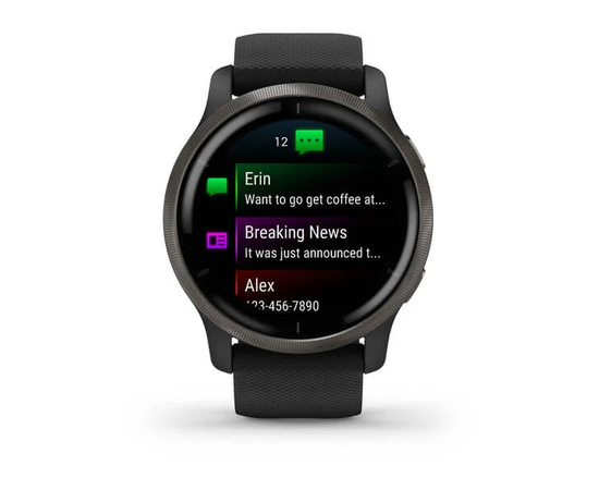 GARMIN VENU 2 SKALūNO SPALVOS NERūDIJANčIOJO PLIENO APVADAS, SU JUODU KORPUSU IR SILIKONINIU DIRžELIU, 010-02430-11