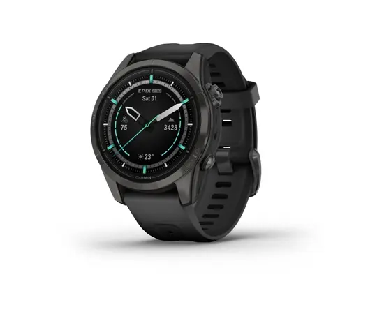 GARMIN EPIX PRO 42 MM SAPPHIRE - PILKOS ANGLIES SPALVOS DLC TITANAS, SU JUODU DIRžELIU, 010-02802-15