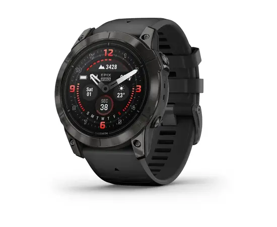 GARMIN EPIX PRO 47 MM SAPPHIRE - PILKOS ANGLIES SPALVOS DLC TITANAS, SU JUODU DIRžELIU, 010-02803-11