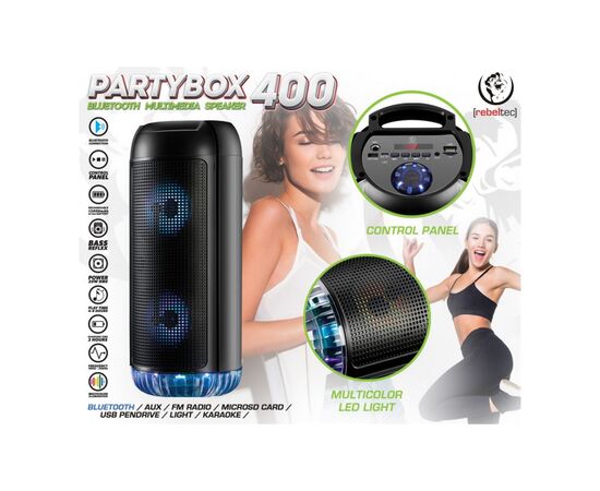 BLUETOOTH NEšIOJAMAS GARSIAKALBIS REBELTEC PARTYBOX 400 (USB, MICROSD, AUX, HF, RGB šVIESTUVAS), 5902539601282