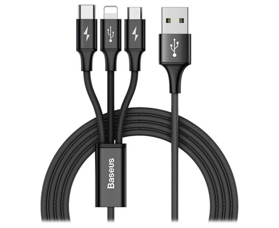 USB KABELIS BASEUS RAPID SERIES 3IN1 MICROUSB-LIGHTNING-TYPE-C 3.0A 1.2M JUODAS CAMLT-SU01, 39560