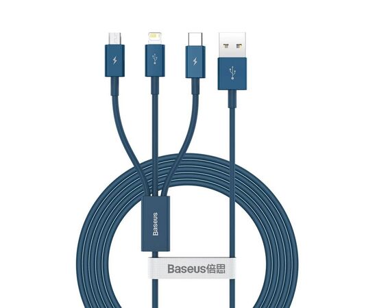 USB KABELIS BASEUS SUPERIOR Iš USB į MICROUSB+LIGHTNING+TYPE-C 100W 1.5M MėLYNAS CAMLTYS-03, 44243