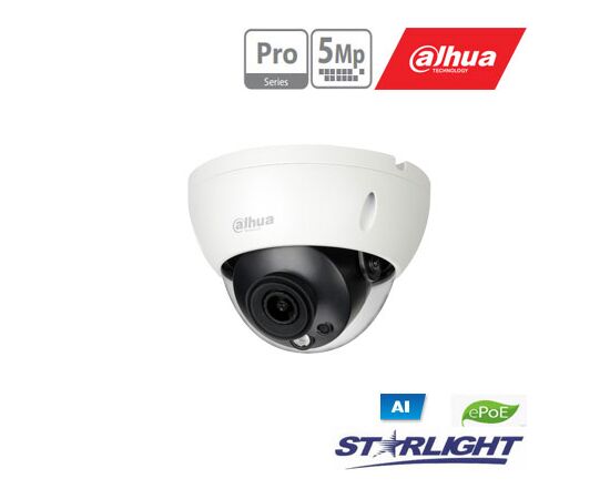 DAHUA IP KAM.AI 5M 2K KUPOL. STARLIGHT SU LXIR IKI 50M, 5MP(2592X1944) 1~20FPS,2.8MM, H.265+, EPOE, IK10, HDBW5541RASE