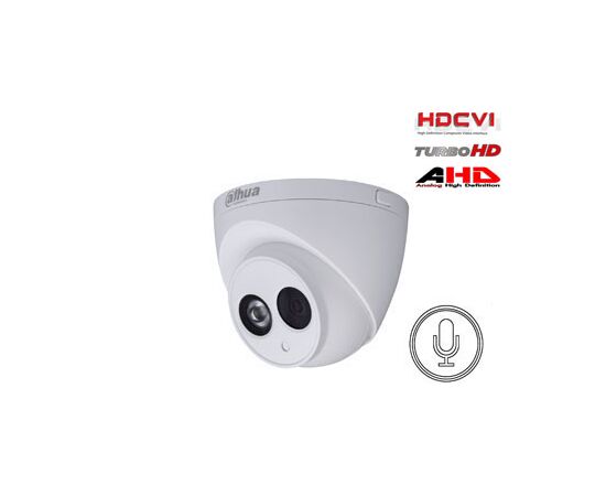 DAHUA HD-CVI, TVI, AHD KAMERA KUPOLINė 2MP SU IR IKI 50M, 2.8MM, INTEGRUOTAS MIKROFONAS, IP67, DWDR, HDW1200EMPA