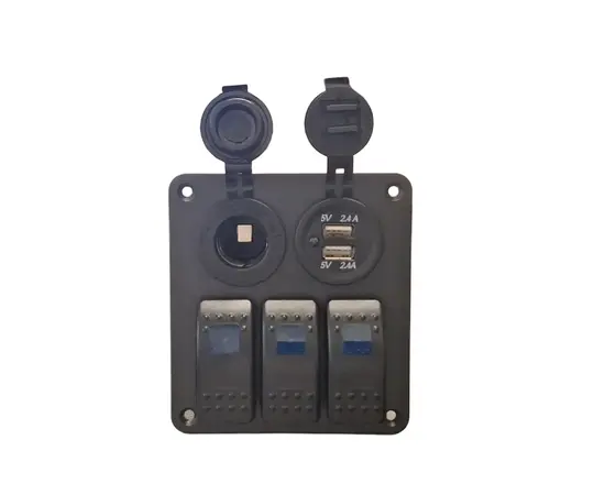PANELĖ ALIUMINIO 12/24V SU JUNGIKLIAIS X3, USB 5V, 2,4AX2 IR 12/24V LIZDU-ROZETE, IP68, PME50803-3H1P1U
