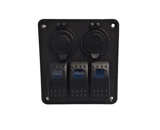 PANELĖ ALIUMINIO 12/24V SU JUNGIKLIAIS X3, USB 5V, 2,4AX2 IR 12/24V LIZDU-ROZETE, IP68, PME50803-3H1P1U