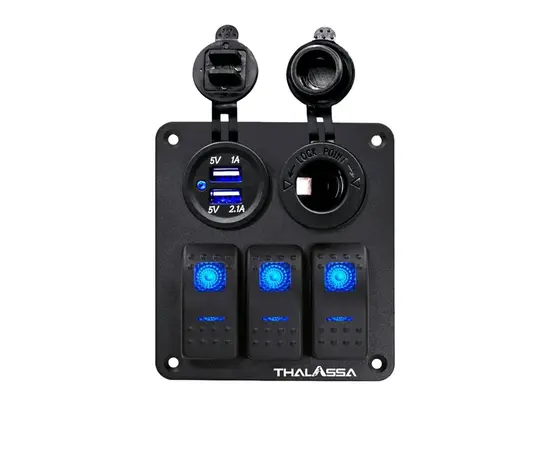 PANELĖ ALIUMINIO 12/24V SU JUNGIKLIAIS X3, USB 5V, 2,4AX2 IR 12/24V LIZDU-ROZETE, IP68, PME50803-3H1P1U