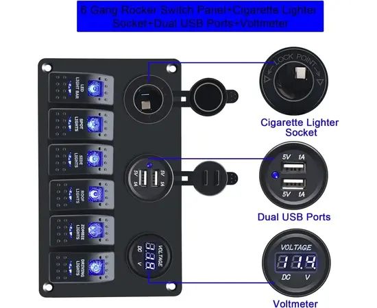 PANELĖ ALIUMINIO SU JUNGIKLIAIS X5, USB 4,8AX2, 12V LIZDU-ROZETE IR VOLTMETRU, PME50803-6H1P1U1V