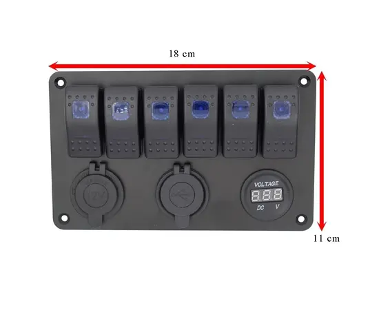 PANELĖ ALIUMINIO SU JUNGIKLIAIS X5, USB 4,8AX2, 12V LIZDU-ROZETE IR VOLTMETRU, PME50803-6H1P1U1V