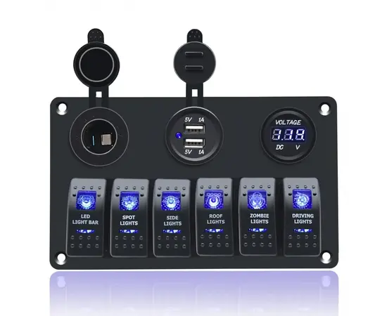 PANELĖ ALIUMINIO SU JUNGIKLIAIS X5, USB 4,8AX2, 12V LIZDU-ROZETE IR VOLTMETRU, PME50803-6H1P1U1V
