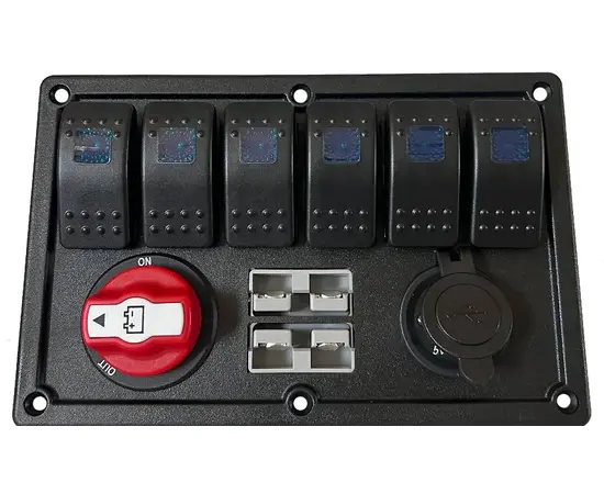 PANELĖ ALIUMINIO SU JUNGIKLIAIS X6, USB3,1A, ĮTAMPOS ATJUNGĖJU, 50A ANDERSON JUNGTIMI, PME50854-6M-1U