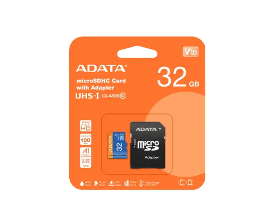 ATMINTIES KORTELė ADATA MICROSD 32GB CLASS10 UHS-I SU SD ADAPTERIU, ADATA-32GB