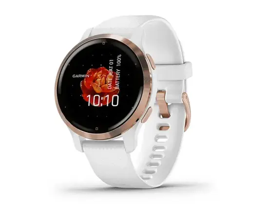 GARMIN VENU 2S RAUSVOJO AUKSO SPALVOS NERūDIJANčIOJO PLIENO APVADAS, SU BALTU KORPUSU IR SILIKONINIU DIRžELIU, 010-02429-13