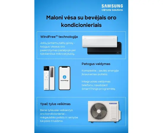 SAMSUNG BEVĖJO ORO KONDICIONIERIAUS WINDFREE COMFORT S2 2.0/2.2 KW MULTI SPLIT VIDINIS BLOKAS, AR60F07C1AWNEU+AR-CH01E