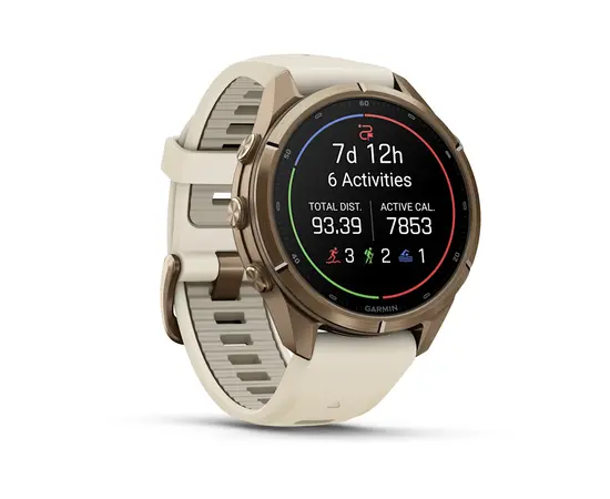 GARMIN FENIX 9 PRO 43MM – AUKSO SPALVOS KREMINIU / PILKU DIRžELIU, 010-04335-26