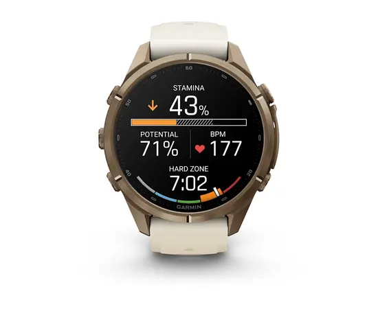GARMIN FENIX 9 PRO 43MM – AUKSO SPALVOS KREMINIU / PILKU DIRžELIU, 010-04335-26