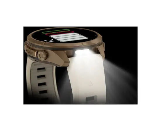 GARMIN FENIX 9 PRO 43MM – AUKSO SPALVOS KREMINIU / PILKU DIRžELIU, 010-04335-26