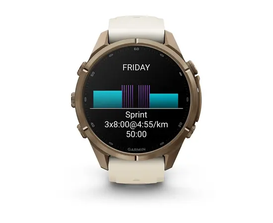 GARMIN FENIX 9 PRO 43MM – AUKSO SPALVOS KREMINIU / PILKU DIRžELIU, 010-04335-26