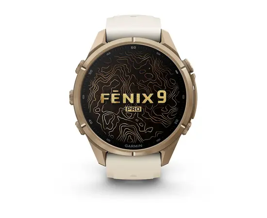 GARMIN FENIX 9 PRO 43MM – AUKSO SPALVOS KREMINIU / PILKU DIRžELIU, 010-04335-26